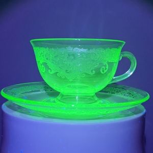 Vintage Uranium Glass Teacup and Saucer - Floral Pattern